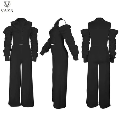 VAZN 2022 New Street Casual Style Women Suit Long Sleeve Single Breasted Shirt Elastic Long Pants Two Piece Set