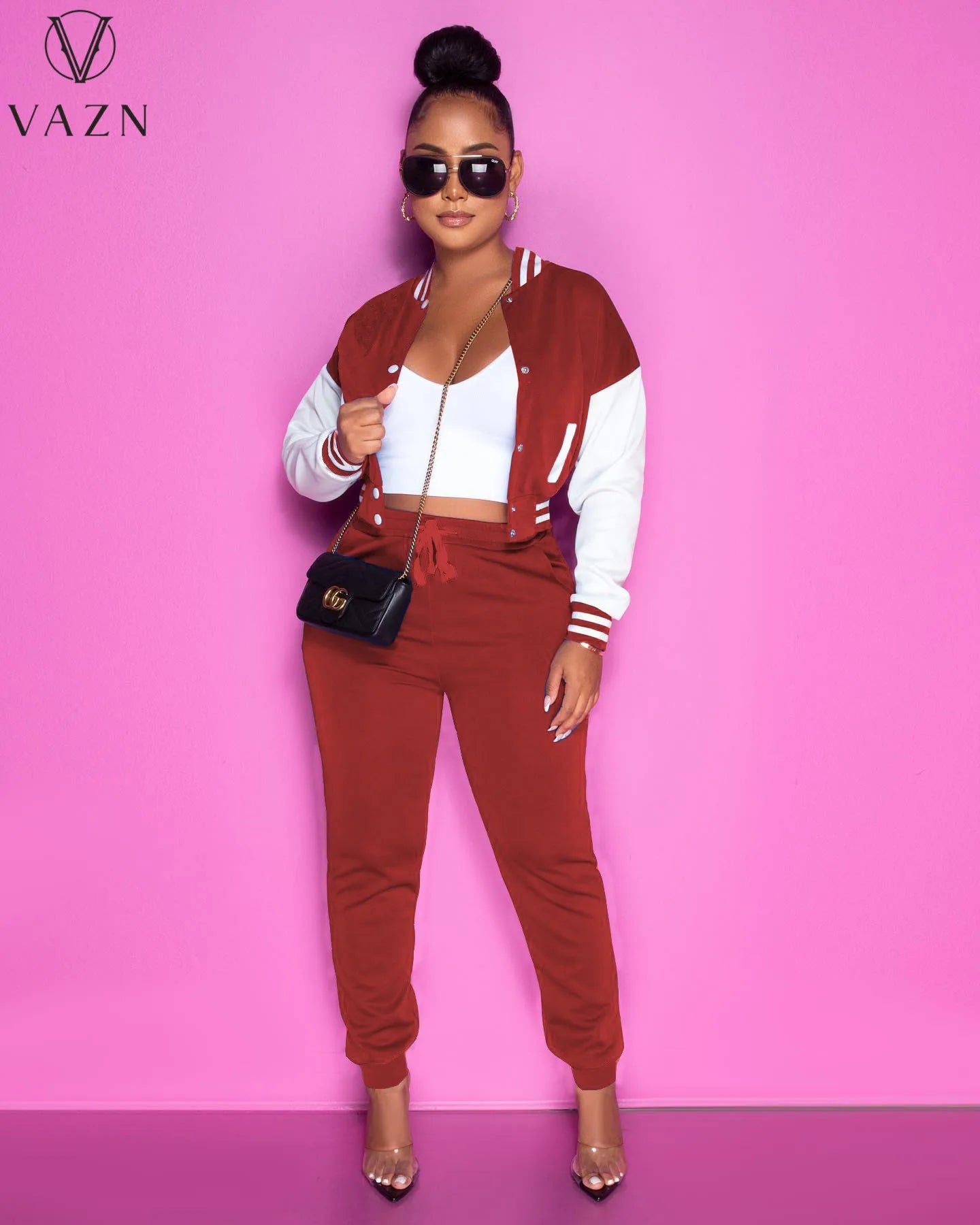 VAZN 2022 Fashion Lady Street Casual Style 2 Piece Sets Long Sleeve Short Top Elastic Long Pants Pure Color Women Suit