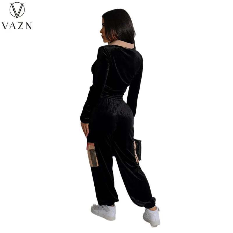 VAZN 2023 Autumn Winter Black Suede Set Causal Young Overalls Tracksuits Full Sleeve + Long Cross Pants Slim Women 2 Piece Set