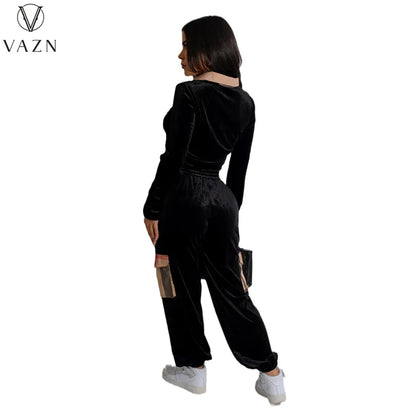 VAZN 2023 Autumn Winter Black Suede Set Causal Young Overalls Tracksuits Full Sleeve + Long Cross Pants Slim Women 2 Piece Set