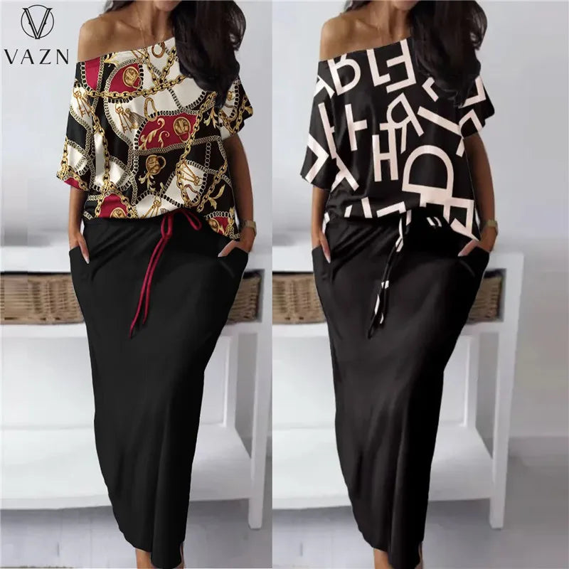 VAZN 2023 Hot Sale Street Girl Style Women Sets Short Sleeve Card Shoulder Top Elastic Floor Length Skirt Lady Printed Two Piece