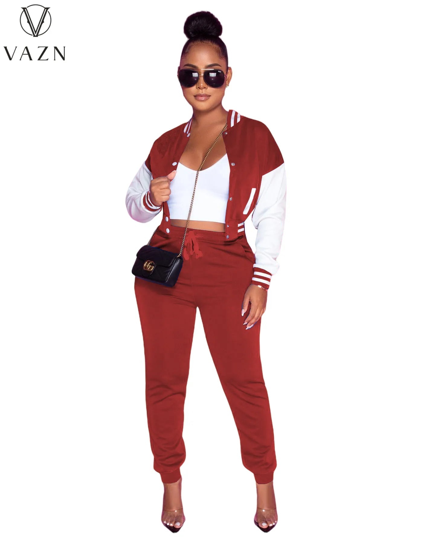 VAZN 2022 Fashion Lady Street Casual Style 2 Piece Sets Long Sleeve Short Top Elastic Long Pants Pure Color Women Suit