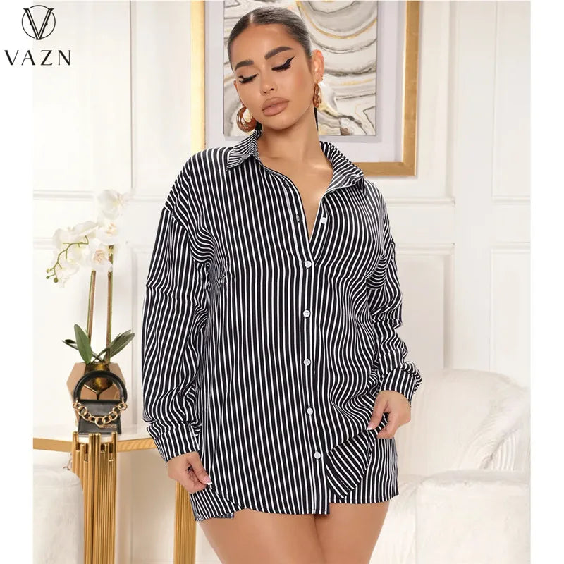 VAZN 2022 New Women Casual Street Style Sets Long Sleeve Lapel Single Breasted Shirt Elastic Short Pants Striped 2 Piece Set