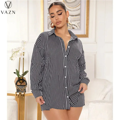 VAZN 2022 New Women Casual Street Style Sets Long Sleeve Lapel Single Breasted Shirt Elastic Short Pants Striped 2 Piece Set