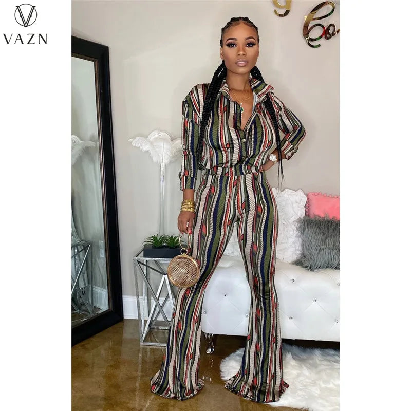 VAZN 2023 New Fashion Lady Casual Street Style 2 Piece Sets Long Sleeve Lapel Top Elastic Long Pants Printed Women Sets