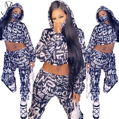 VAZN 2022 Fashion Lady Street Casual Style 2 Piece Sets Long Sleeve Hooded Collar Short Top Elastic Long Pants Printed Women