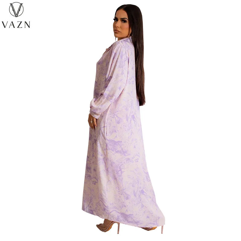 VAZN 2023 Printed Lady Long Dresses Hot Sale Long Sleeve Lapel Dress Street Causal Style Women Floor Length Shirt Dress