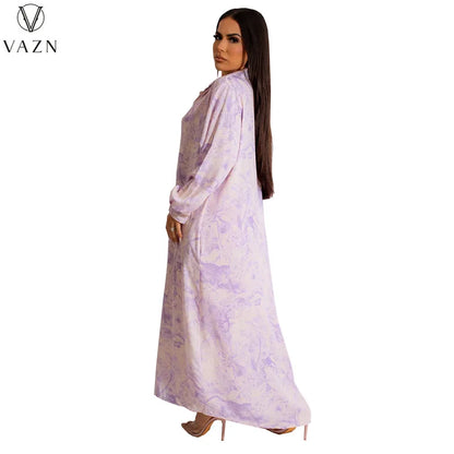 VAZN 2023 Printed Lady Long Dresses Hot Sale Long Sleeve Lapel Dress Street Causal Style Women Floor Length Shirt Dress