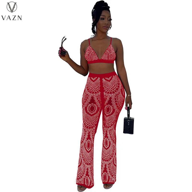 VAZN 2022 Fashion Lady Sexy Street Style 2 Piece Sets Sleeveless Strapless Short Top Elastic Long Pants Printed Women Sets