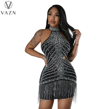 VAZN 2023 New Luxury Designer Solid Lace Sexy Club Hotsweet Diamonds Halter Off Shoulder Tassel High Waist Women Short Dress