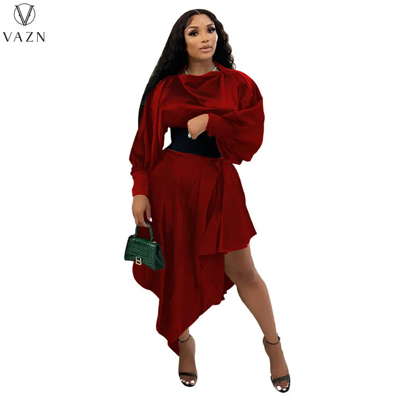 VAZN 2022 Fashion Street Girl Style Women Suit Long Sleeve Round Neck Top Elastic Mid Long Skirt Lady Pure Color 2 Piece Set