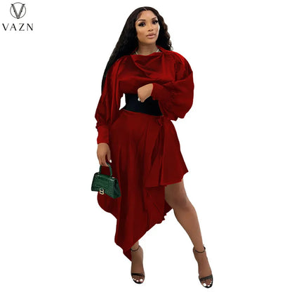 VAZN 2022 Fashion Street Girl Style Women Suit Long Sleeve Round Neck Top Elastic Mid Long Skirt Lady Pure Color 2 Piece Set