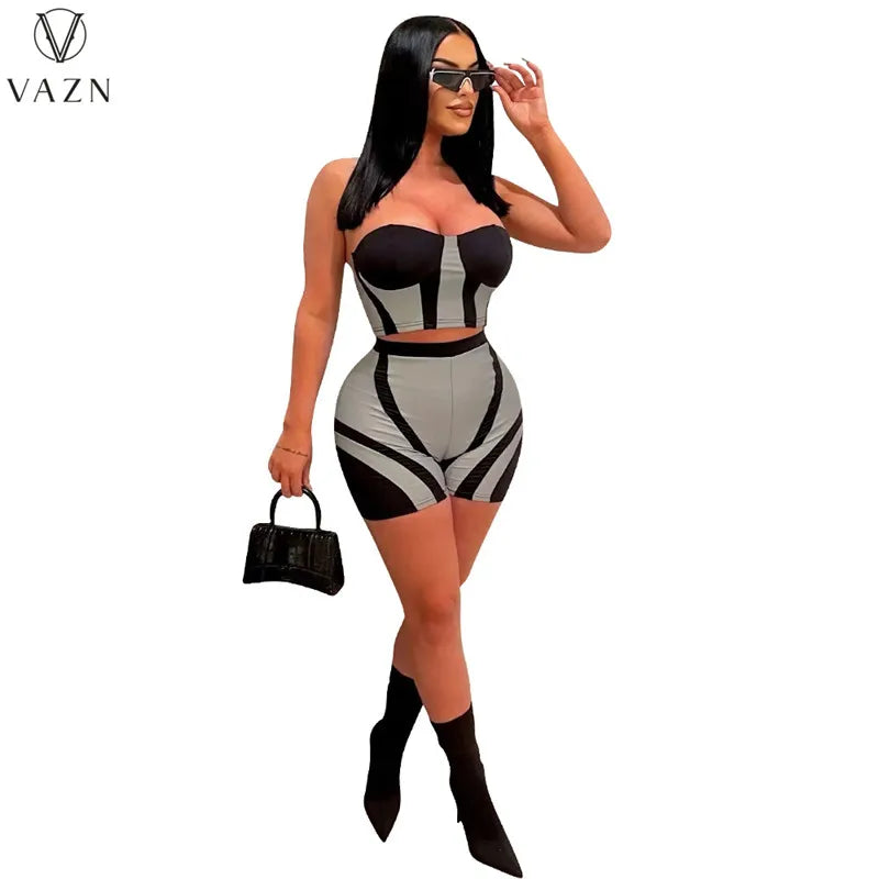 VAZN 2023 Street Girl Style Women Sets Sleeveless Strapless Short Top Elastic Short Pants Lady Printed Lady Two Piece Set