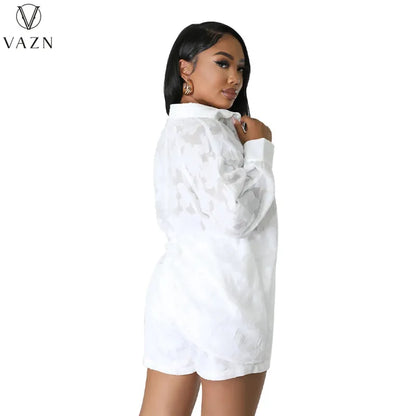 VAZN 2023 Street Casual Style Women Sets Long Sleeve Lapel Shirt Elastic Pockets Short Pants Lady Pure Color Lady Two Piece Set