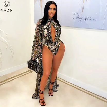 VAZN 2022 Summer New Sexy Club Party Style Women Suit Sleeveless Jumpsuits Long Sleeve Long Outwear Snake Grain 2 Piece Set