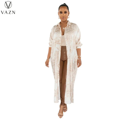 VAZN 2023 Printed Lady Long Dresses Hot Sale Long Sleeve Lapel Dress Casual Street Style Women Floor Length Shirt Dress