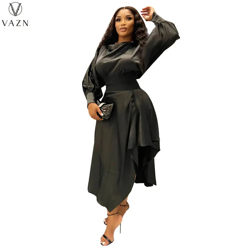 VAZN 2022 Fashion Street Girl Style Women Suit Long Sleeve Round Neck Top Elastic Mid Long Skirt Lady Pure Color 2 Piece Set