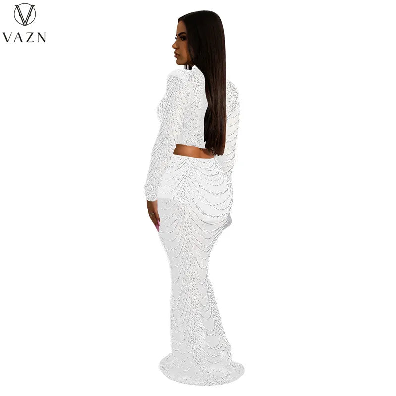 VAZN 2023 Hot Sale High Street Style Women Sets Long Sleeve Round Neck Short Top Elastic Floor Length Skirt Lady 2 Piece Sets