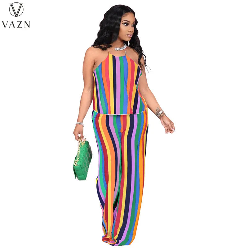 VAZN 2023 New Fashion Casual Street Style 2 Piece Sets sleeveless dew shoulder Top elastic Long Pants Printed Women Set