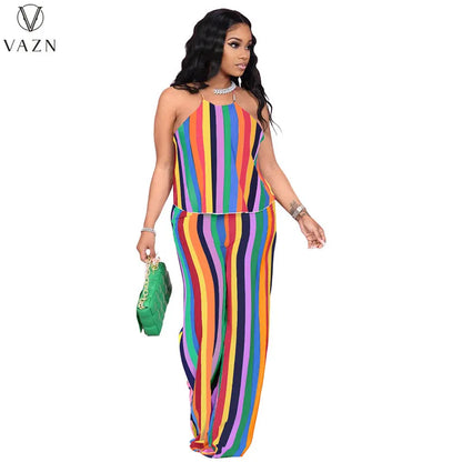 VAZN 2023 New Fashion Casual Street Style 2 Piece Sets sleeveless dew shoulder Top elastic Long Pants Printed Women Set