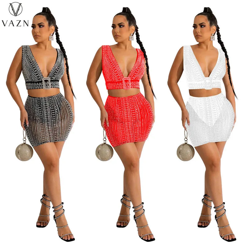 VAZN 2022 Sexy Club Party Style Women Suit Sleeveless Dew Waist Top Elastic Mini Short Skirt Hot Drilling Pure Color 2 Piece Set