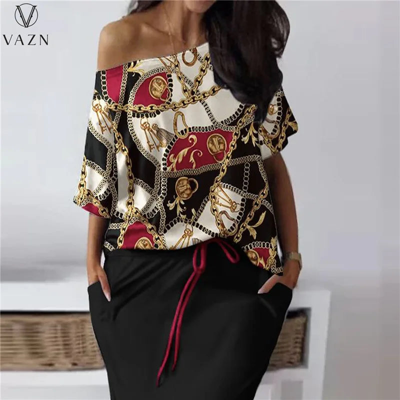 VAZN 2023 Hot Sale Street Girl Style Women Sets Short Sleeve Card Shoulder Top Elastic Floor Length Skirt Lady Printed Two Piece