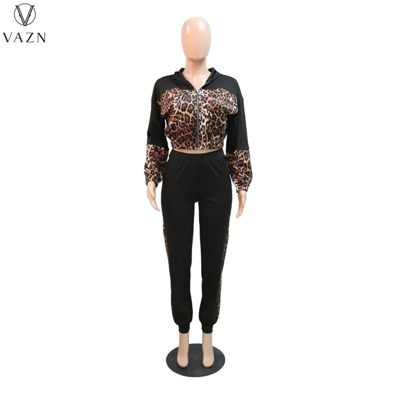 VAZN 2023 New Fashion Lady Casual Street Style 2 Piece Sets Long Sleeve Zipper Top Elastic Long Pants Leopard Grain Women Sets