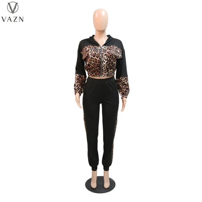 VAZN 2023 New Fashion Lady Casual Street Style 2 Piece Sets Long Sleeve Zipper Top Elastic Long Pants Leopard Grain Women Sets