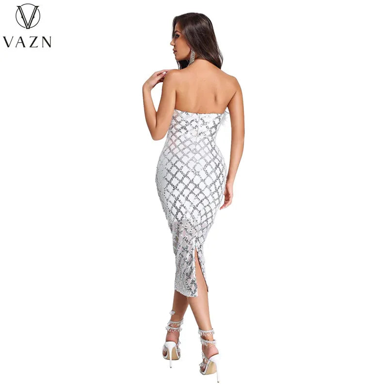 VAZN 2023 New Luxury Designer Young Sexy Club Patchwork Strapless Sleeveless Backless Women High Waist Long Pencil Dress