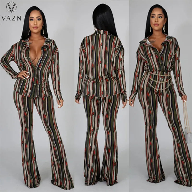 VAZN 2023 New Fashion Lady Casual Street Style 2 Piece Sets Long Sleeve Lapel Top Elastic Long Pants Printed Women Sets