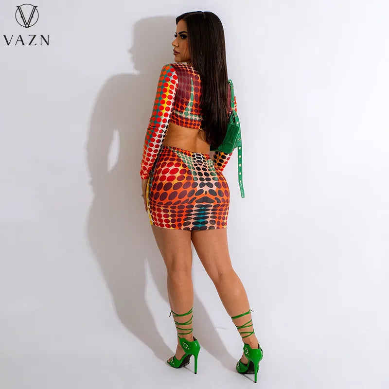 VAZN 2023 Hot Sale Sexy Street Style Women Sets Long Sleeve Deep V Short Top Elastic Mini Short Skirt Printed Lady Sets