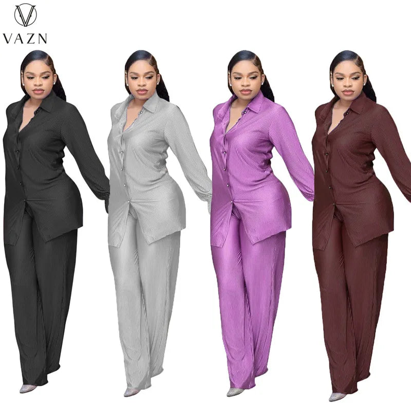 VAZN New 2022 Fashion Casual Street Style Women Suit Long Sleeve Lapel Shirt Elastic Long Pants Pure Color Two Piece Set