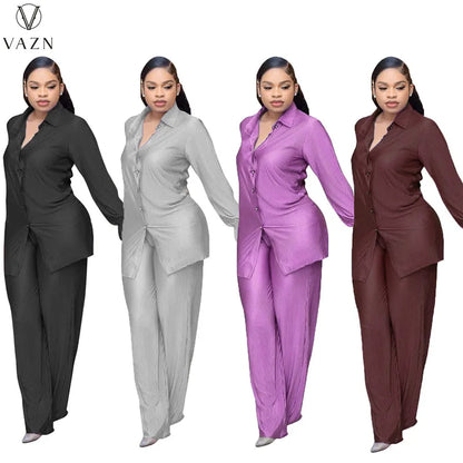 VAZN New 2022 Fashion Casual Street Style Women Suit Long Sleeve Lapel Shirt Elastic Long Pants Pure Color Two Piece Set