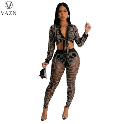 VAZN New 2023 Long Sleeve Lapel Short Top Elastic Long Pants Pure Color Lady Two Piece Set Sexy Street Style Women Suit