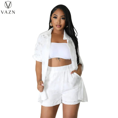 VAZN 2023 Street Casual Style Women Sets Long Sleeve Lapel Shirt Elastic Pockets Short Pants Lady Pure Color Lady Two Piece Set