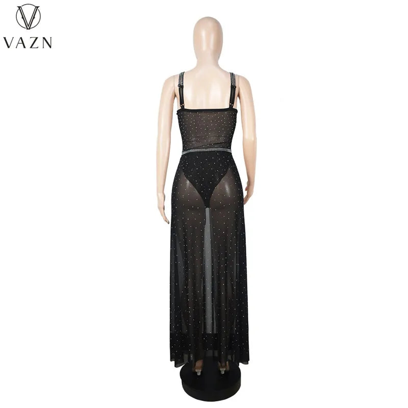 VAZN 2022 Sexy Club Party Style Women Suit Sleeveless Jumpsuits Elastic Floor Length Skirt Pure Color Two Piece Set