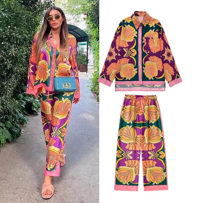 VAZN New 2022 Fashion Street Casual Style Women Suit Long Sleeve Lapel Shirt Elastic Long Pants Printed Two Piece Sets