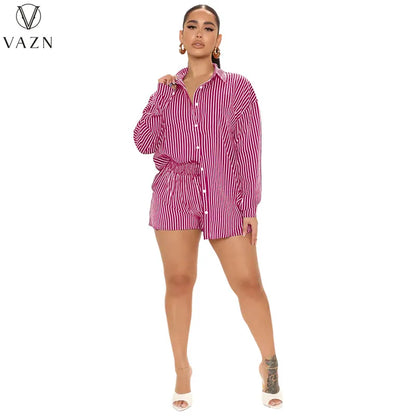 VAZN 2022 New Women Casual Street Style Sets Long Sleeve Lapel Single Breasted Shirt Elastic Short Pants Striped 2 Piece Set