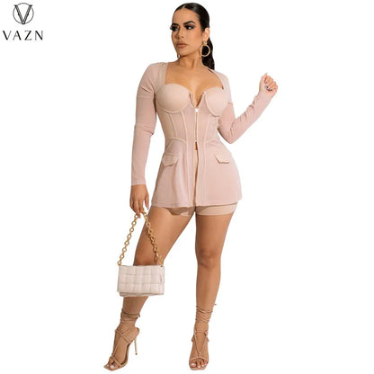 VAZN 2022 New Women Sexy Street Style Sets Long Sleeve Strapless Zipper Top Elastic Short Pants Pure Color 2 Piece Set