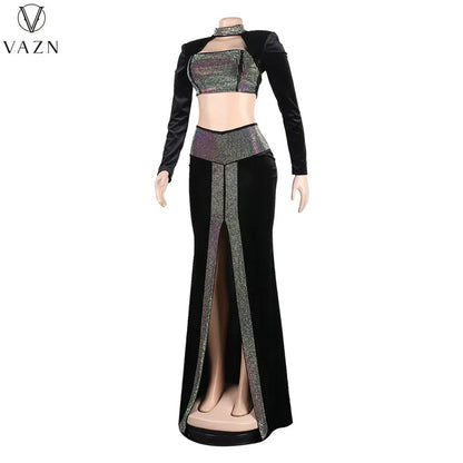 VAZN 2022 Hot Drilling Sexy Club Party Style Women Suit Long Sleeve Dew Waist Top Floor Length Skirt Lady Pure Color 2 Piece Set