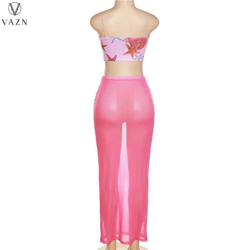 VAZN 2022 Sexy Holiday Beach Style Women Suit Sleeveless Dew Waist Top Elastic Ankle Length Skirt Printed Two Piece Set