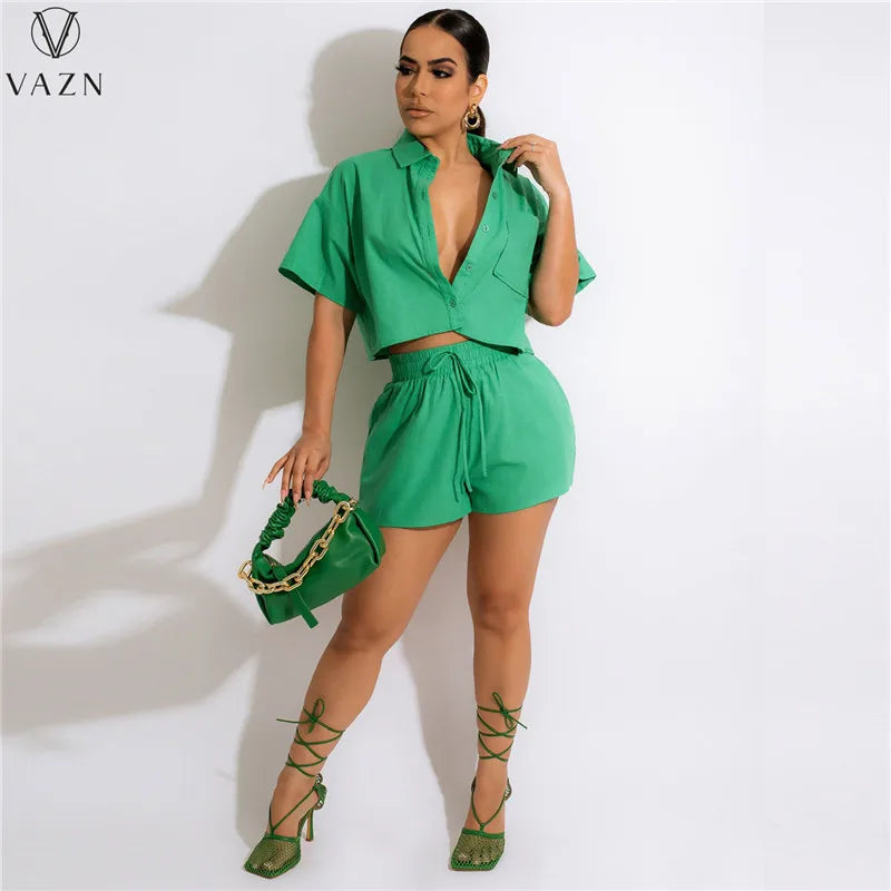 VAZN New 2022 Fashion Street Casual Style Women Suit Short Sleeve Lapel Top Elastic Pockets Short Pants Pure Color Two Piece Set