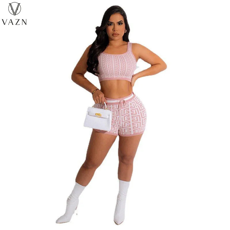 VAZN 2023 Sexy Street Style Women Sets Vest Short Top Elastic Short Pants Lady Printed Lady Two Piece Set