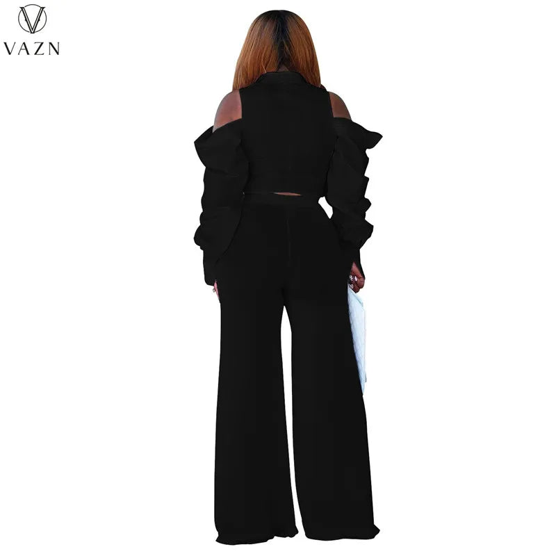 VAZN 2022 New Street Casual Style Women Suit Long Sleeve Single Breasted Shirt Elastic Long Pants Two Piece Set