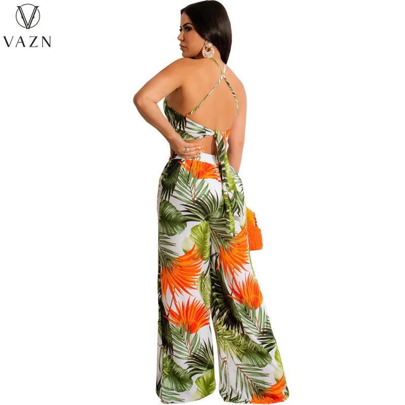 VAZN New 2023 Sleeveless Strapless Short Top Elastic Long Pants Printed Lady Two Piece Set Sexy Holiday Style Women Suit