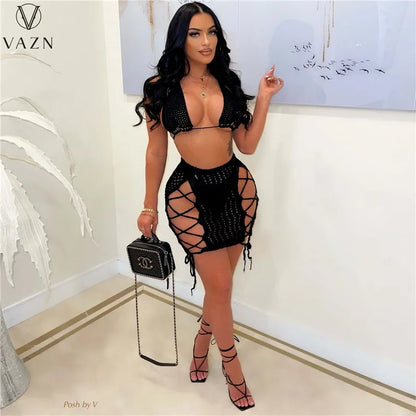 VAZN 2022 Fashion New Sexy Club Party Style Women Suit Sleeveless Short Top Elastic Mini Short Skirt Hollow Out 2 Piece Sets