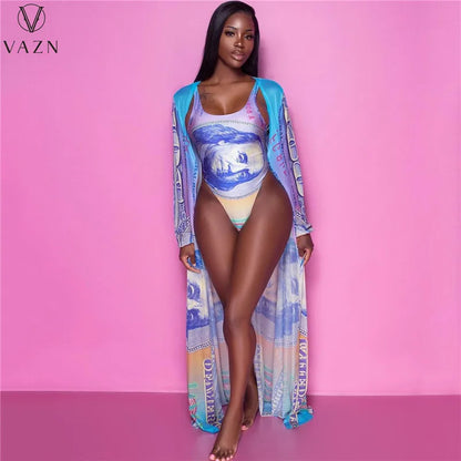 VAZN 2022 Fashion New Women Sexy Beach Style Sets Sleeveless Jumpsuits Short Pants Long Outwear Printed Two Piece Sets