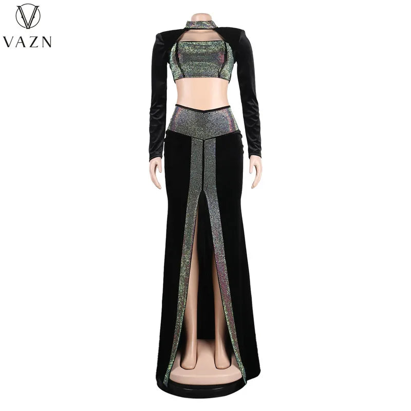 VAZN 2022 Hot Drilling Sexy Club Party Style Women Suit Long Sleeve Dew Waist Top Floor Length Skirt Lady Pure Color 2 Piece Set