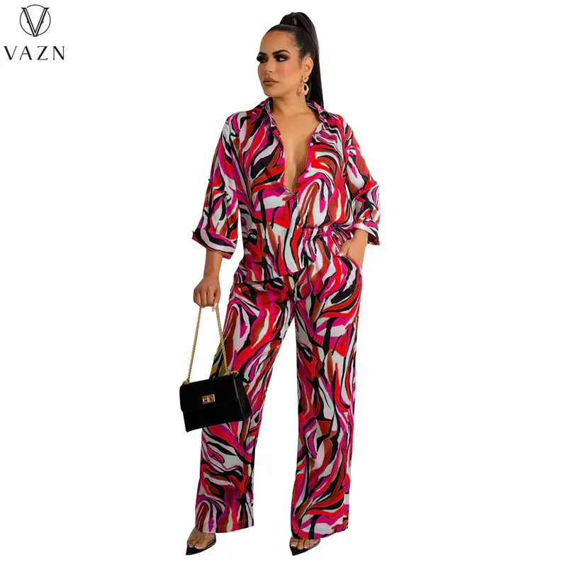 VAZN New 2022 Long Sleeve Lapel Shirt Elastic Long Pants Printed Lady 2 Piece Set Casual Street Style Women Suit