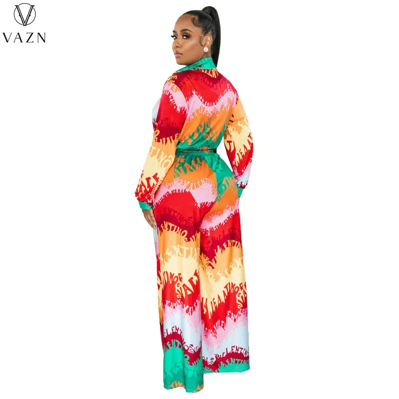 VAZN 2023 New Fashion Casual Street Style 2 Piece Sets Long Sleeve Lapel Shirt Elastic Long Pants Printed Women Set